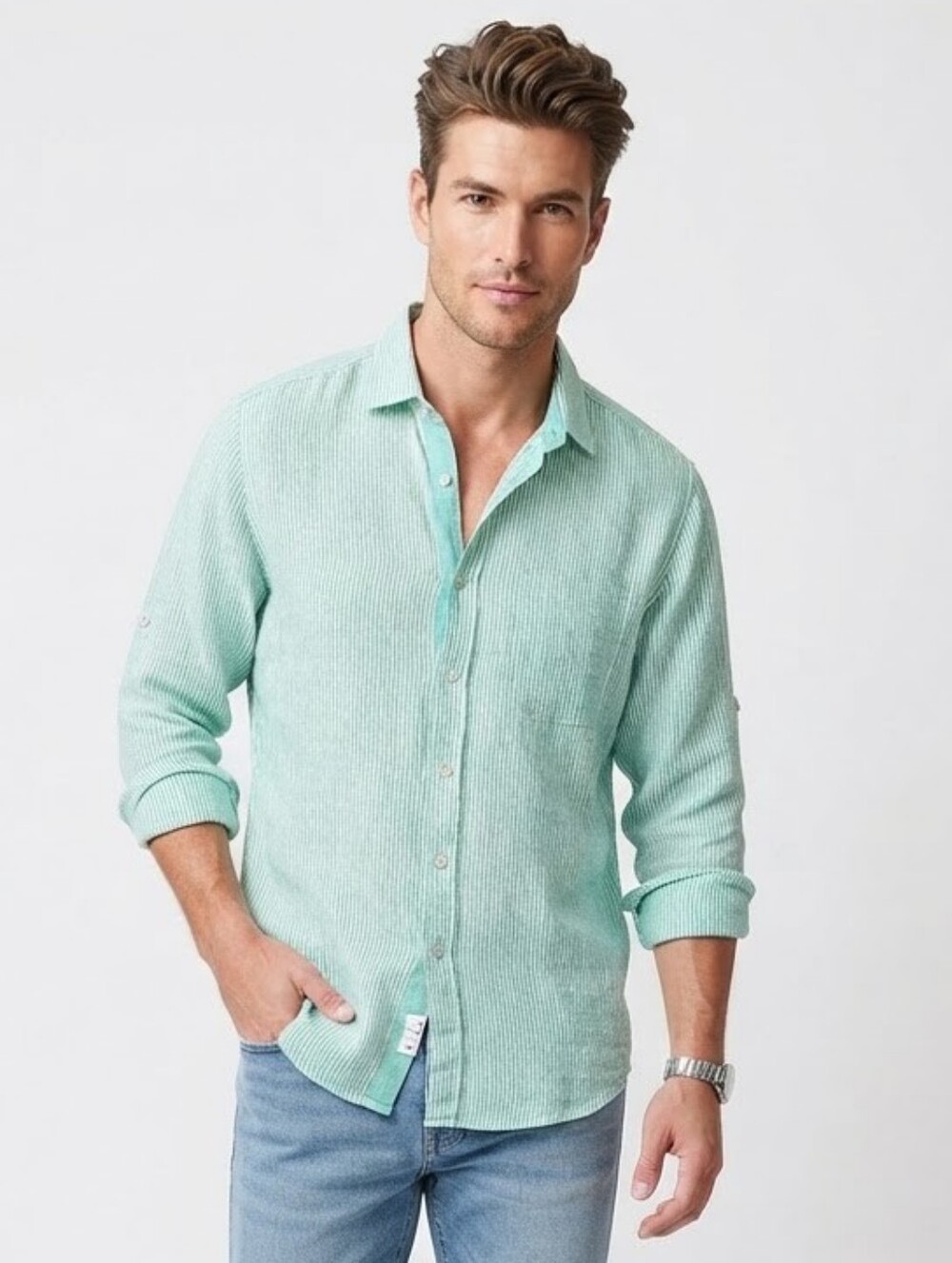 In-Co Green White Striped 100% Linen Roll Up Sleeve Shirt Men's XL